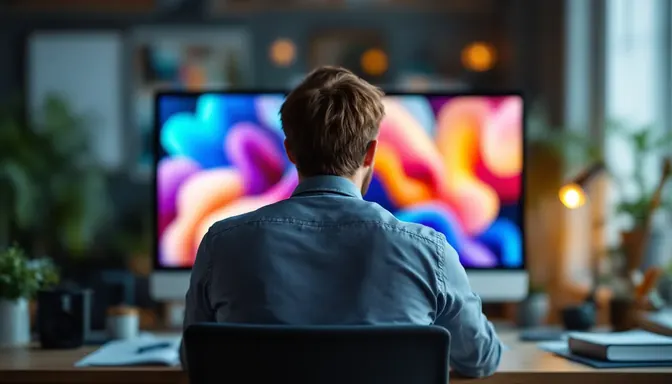 Дизайнер изучает цветные изображения на мониторе при работе над обозначением