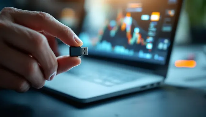 Небольшой USB-ключ в руке рядом с ноутбуком для работы с электронной подписью