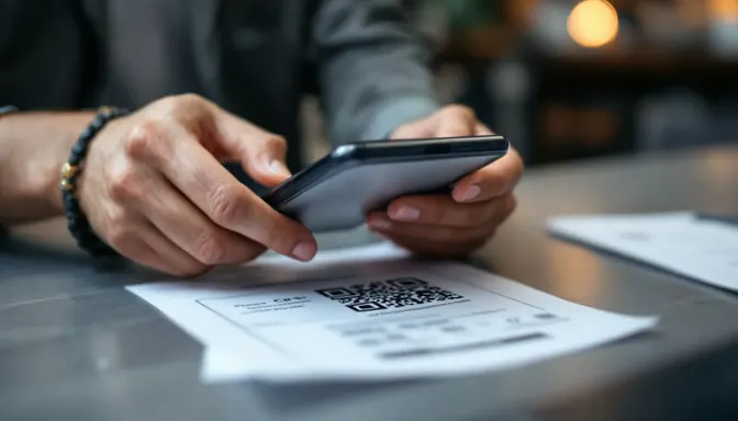 Смартфон над платёжным документом с кодом при подготовке оплаты пошлины